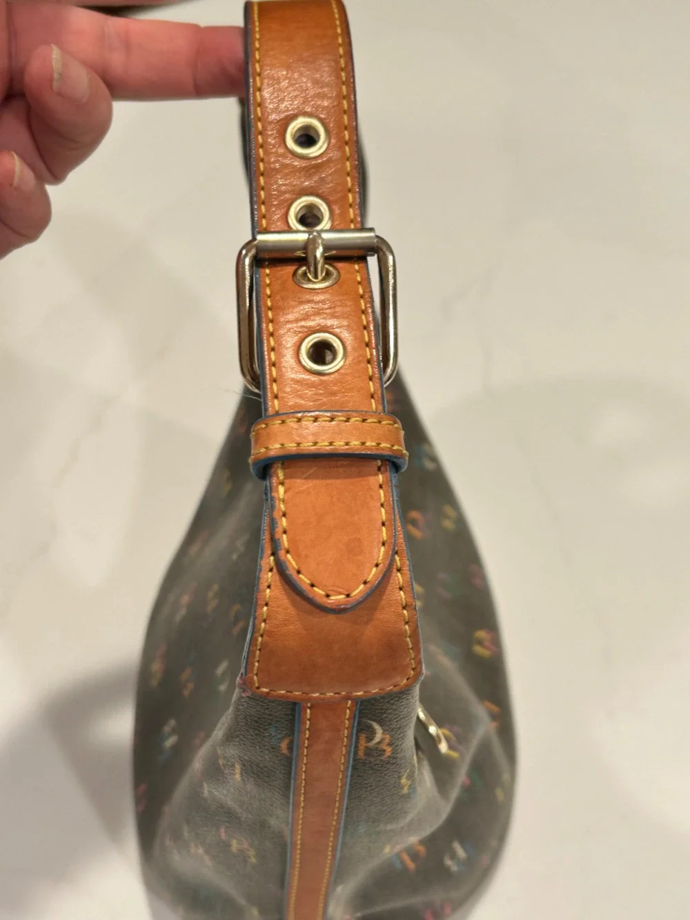 Vintage Dooney & Bourke Rainbow Monogram Brown Leather Pink Heart Zipper Handbag